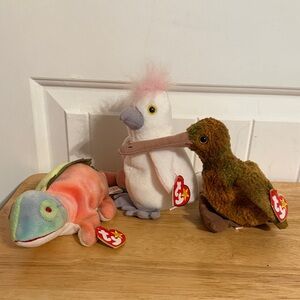 Ty Beanie Babies Trio - Colorful Plush Birds & Chameleon